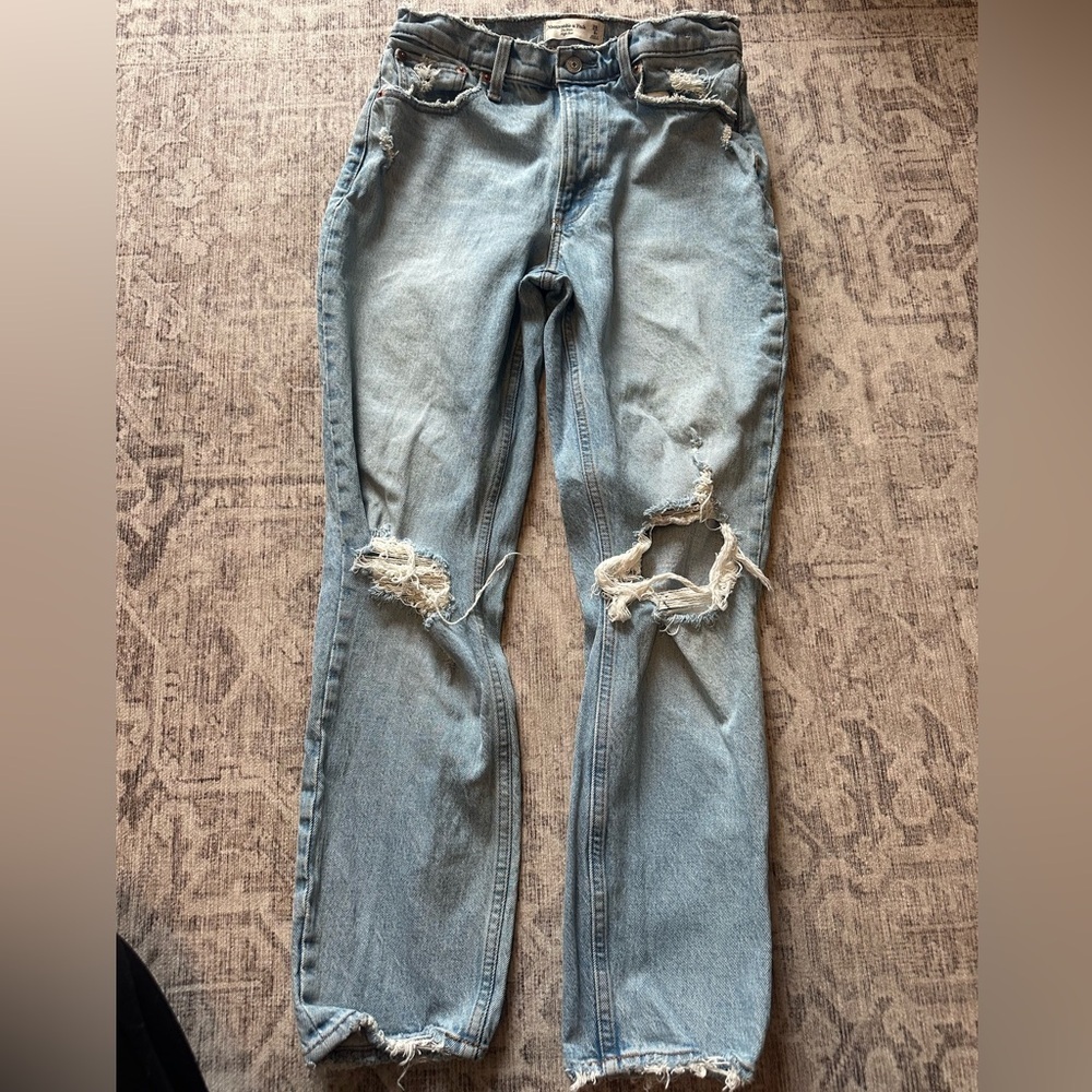 Abercrombie & Fitch The Mom Hugh Rise Light Blue Distressed Straight Leg Jeans